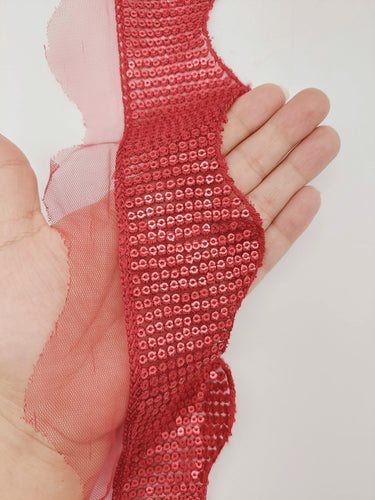 Dark Red Net Scallop Lace Trim With Red Sequins, Decorative Trim, Bohemian Trim